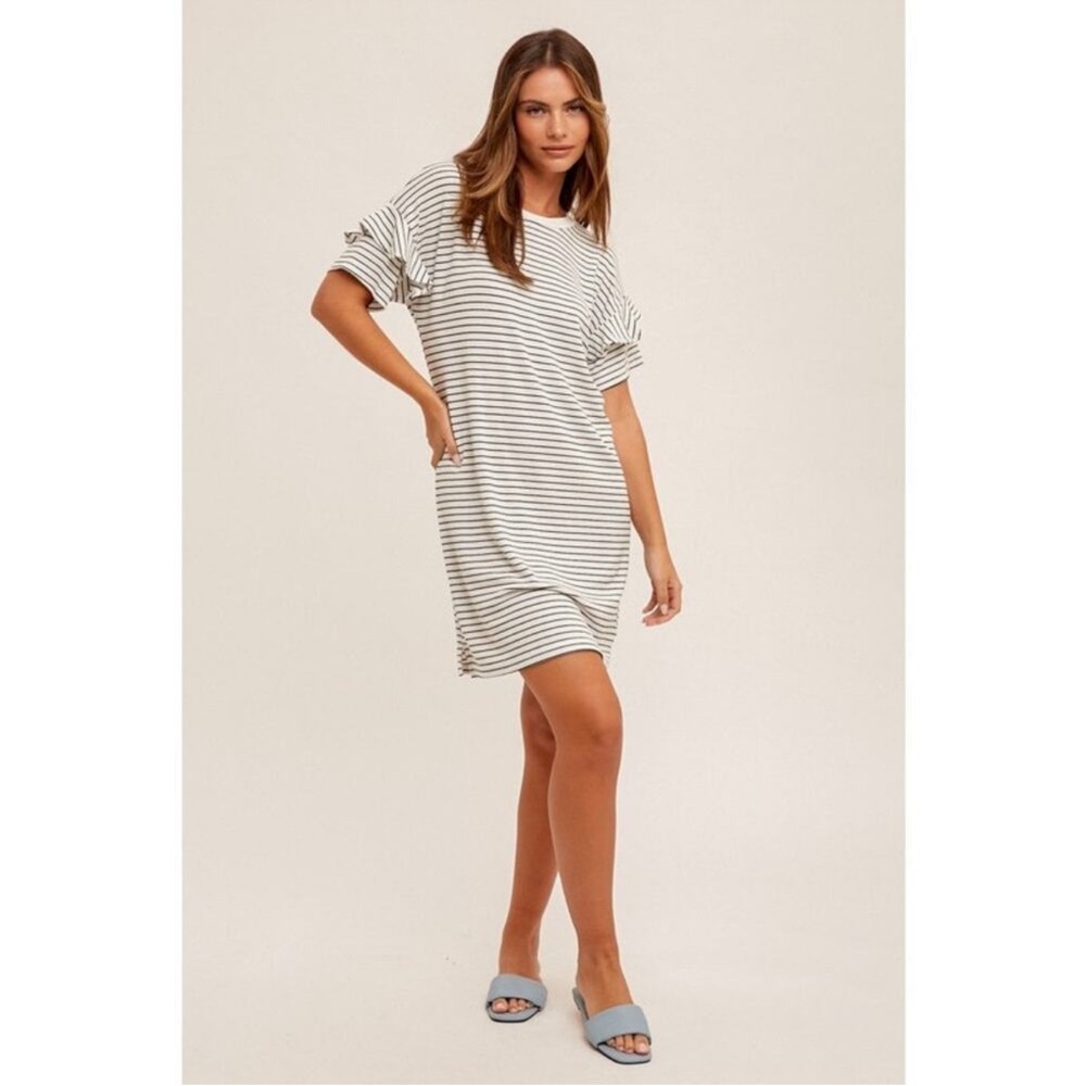 HT80 Hem & Thread STRIPE RUFFLE DETAIL SHORT SLEEVE T-SHIRT DRESS black white - Picture 3 of 4